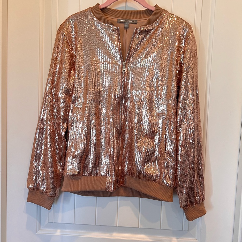 NWOT Sequin Bomber Jacket SZ S Amphora, Gold, Copper, Brown tones Never Worn - Picture 13 of 14